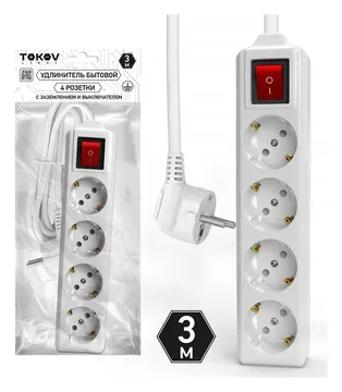 Удлинитель 4х3м с заземл. с выкл. 10А 3х1.5 TOKOV ELECTRIC TKL-C01-BU4-3-1.5-ZV