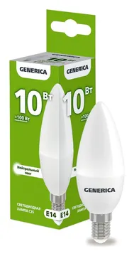 Лампа светодиодная C35 10Вт свеча 4000К E14 230В GENERICA LL-C35-10-230-40-E14-G