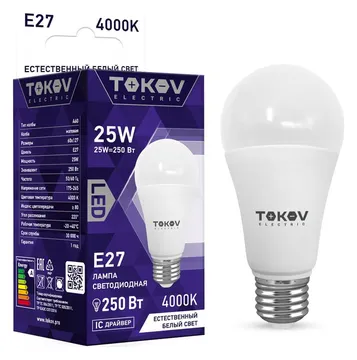 Лампа светодиодная 25Вт А60 4000К Е27 176-264В TOKOV ELECTRIC TKE-A60-E27-25-4K