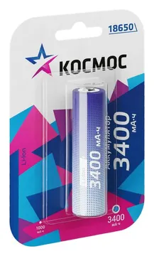 Аккумулятор 18650 Li-ion 3400мА.ч без защиты (блист.1шт) КОСМОС KOC18650Li-ion34UBL1