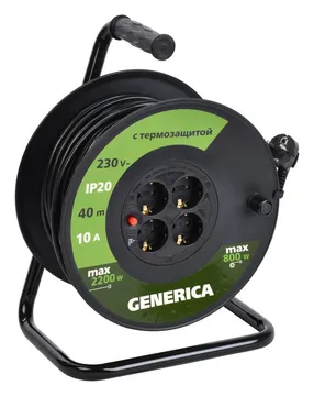 Удлинитель на катушке 4х40м 10А IP20 УК40 2P+PE 3х1 термозащита GENERICA WKP10-10-04-40-G