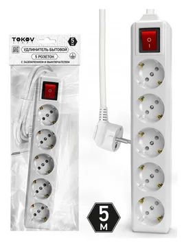 Удлинитель 5х5м с заземл. с выкл. 10А 3х1.5 TOKOV ELECTRIC TKL-C01-BU5-5-1.5-ZV