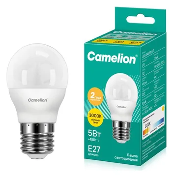 Лампа светодиодная LED5-G45/830/E27 5Вт шар матовая 3000К тепл. бел. E27 410лм 220В Camelion 12028